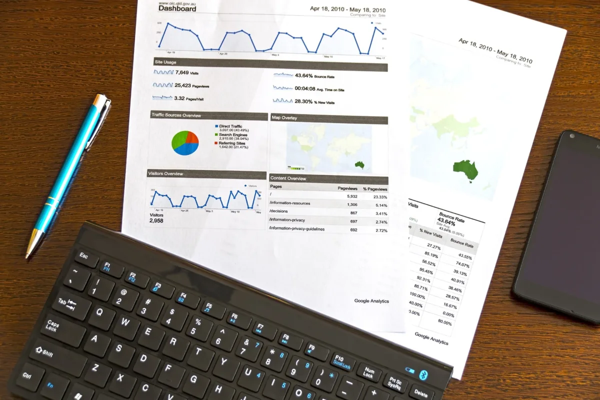 Wydruk raportu Google Analytics z wykresami na biurku obok klawiatury