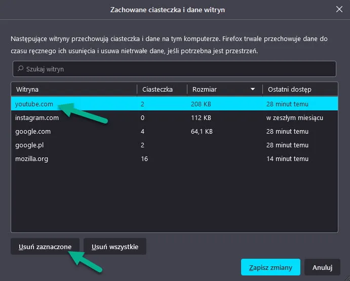 firefox wybrane elementy cache