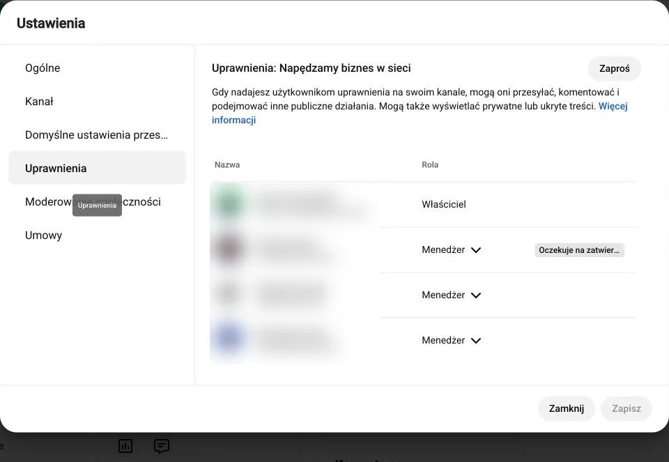 YouTube Studio: zakładka Uprawnienia z listą osób i przyciskiem Zaproś