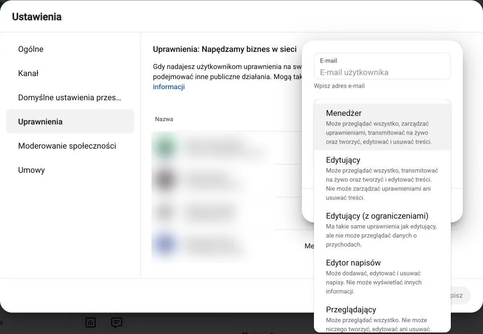 YouTube Studio: lista ról w menu Dostęp