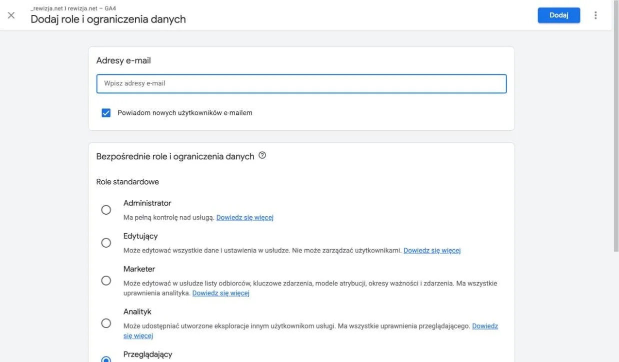 Okno dodawania użytkownika w Google Analytics 4