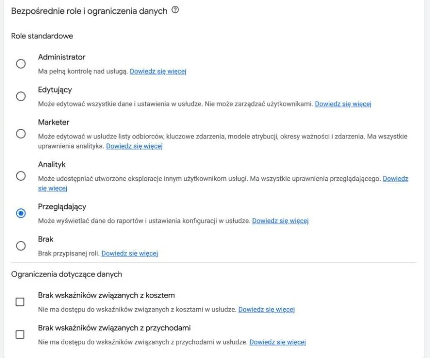 Role i ograniczenia danych w Google Analytics 4