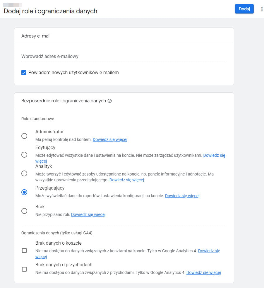 dodawanie roli Google Analytics